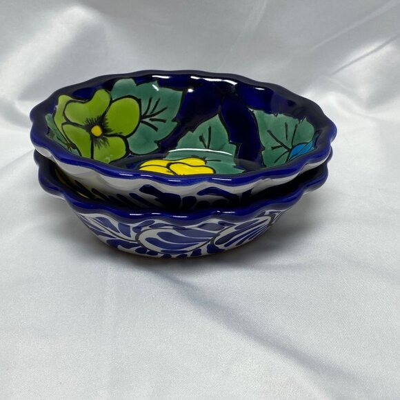 2 Handcrafted Mexican Talavera Ceramic Oval Bowls Floral Design Lead Free - Picture 9 of 10